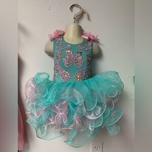 9/12 Months Aqua & Pink Beaded Cupcake Pageant Dress W/Headband Bow NWT